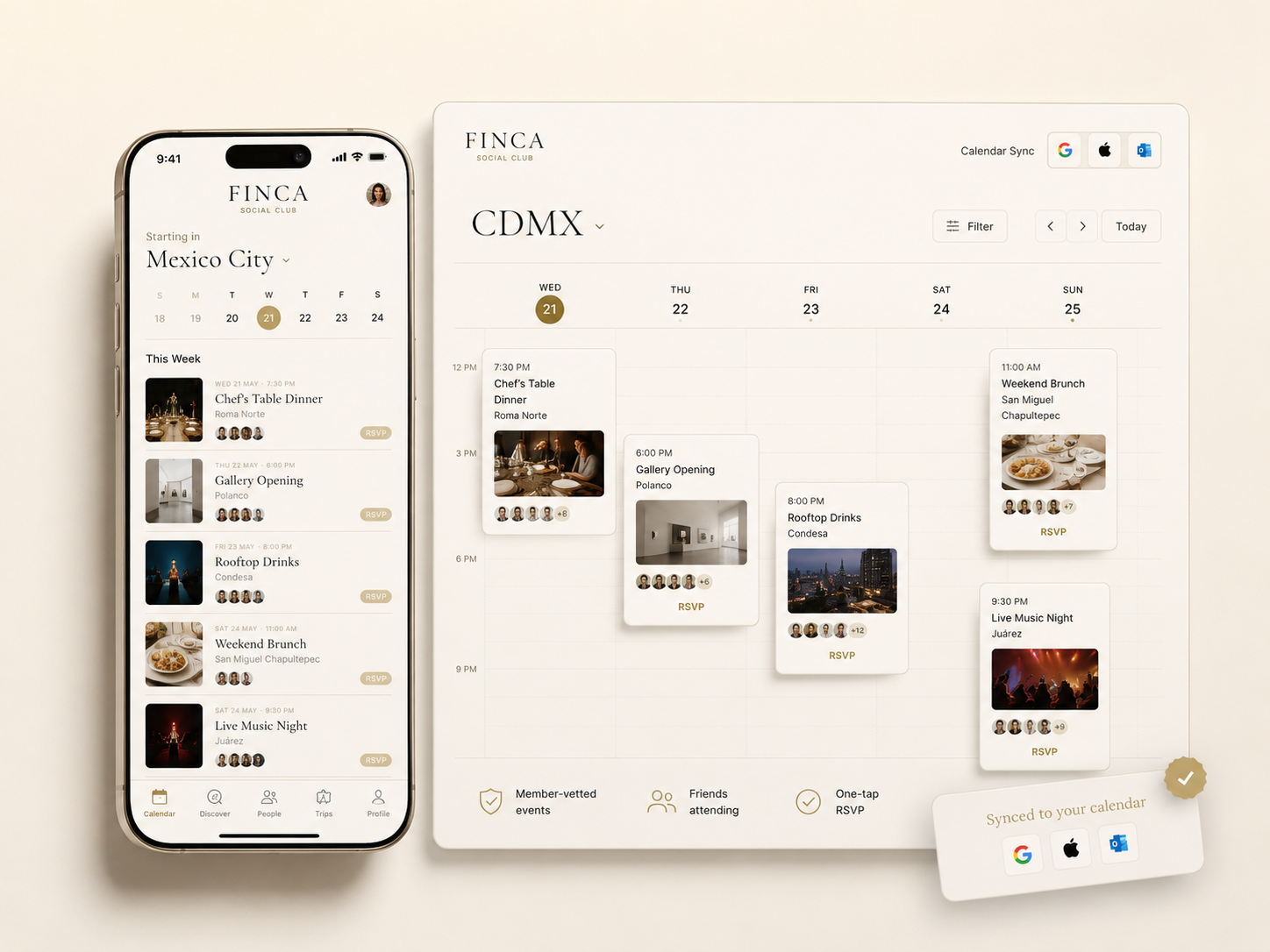 FINCA social calendar — phone & web, synced to Google, Apple or Outlook