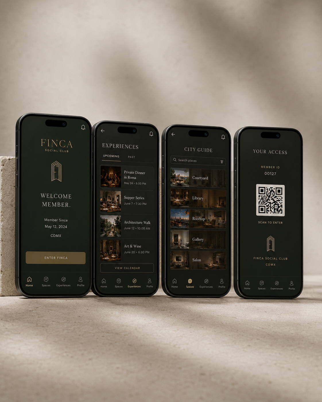 FINCA member app — four screens